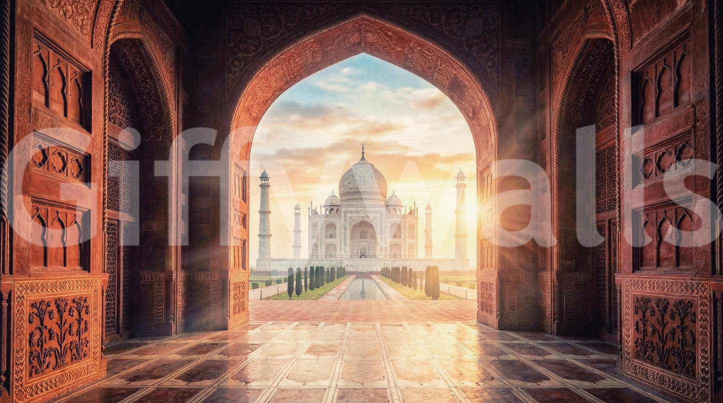 Grandeur Taj Mahal wall mural with glowing entryway and open courtyard line