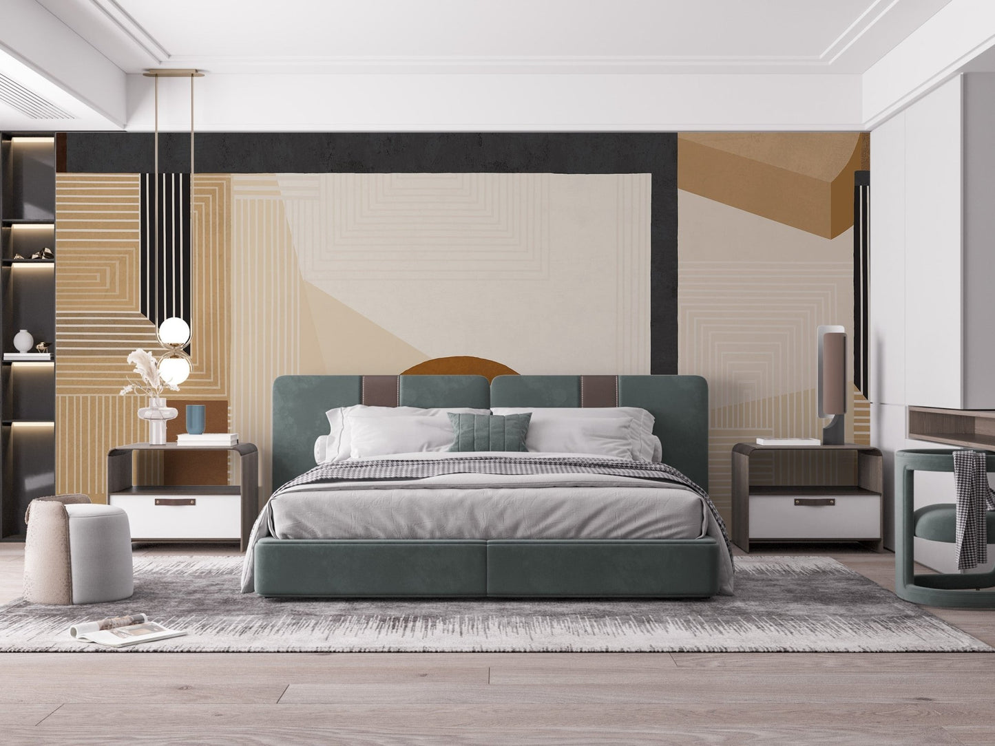 Bold geometric design mural enhances bedroom space C437