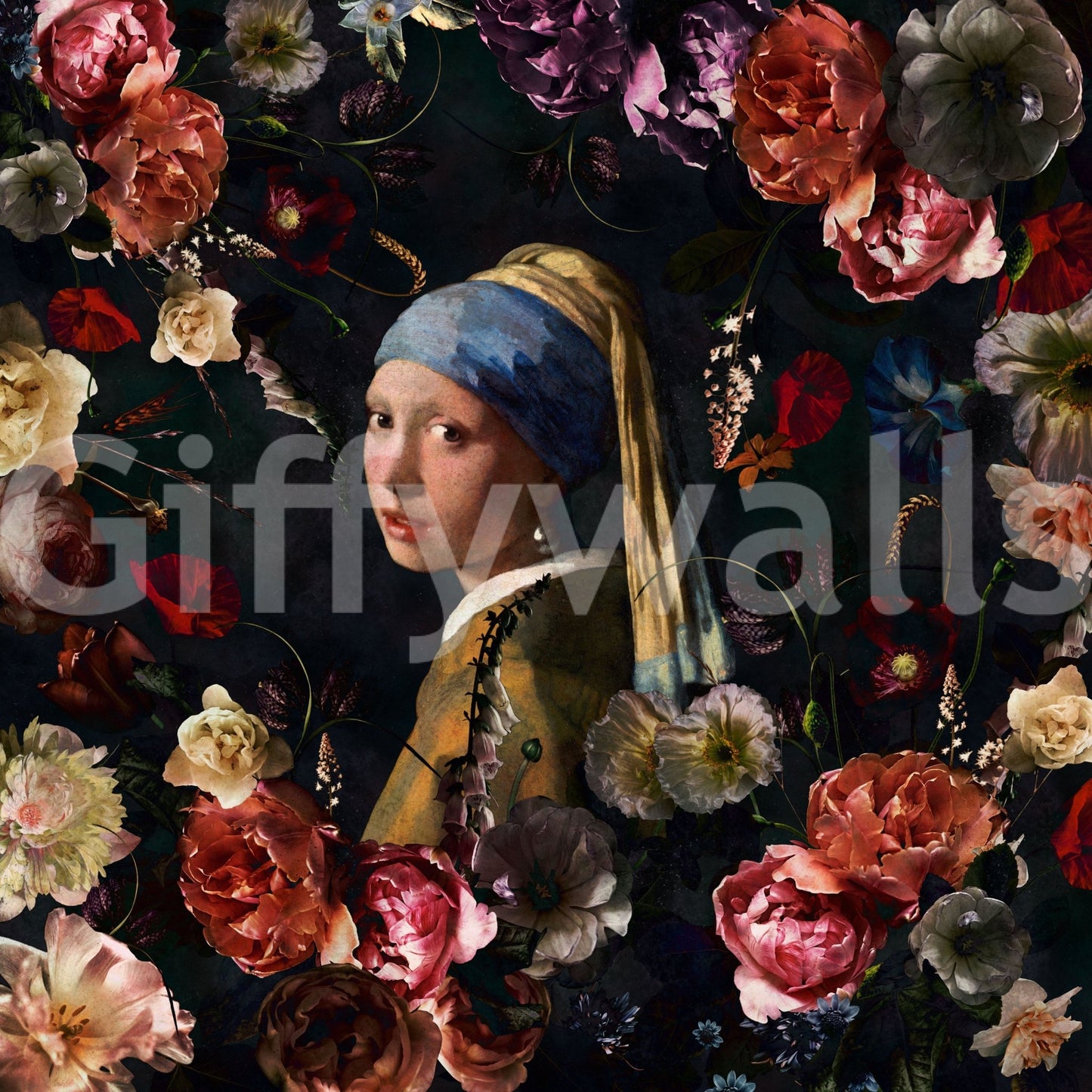 Decorative portrait mural with renaissance flowers