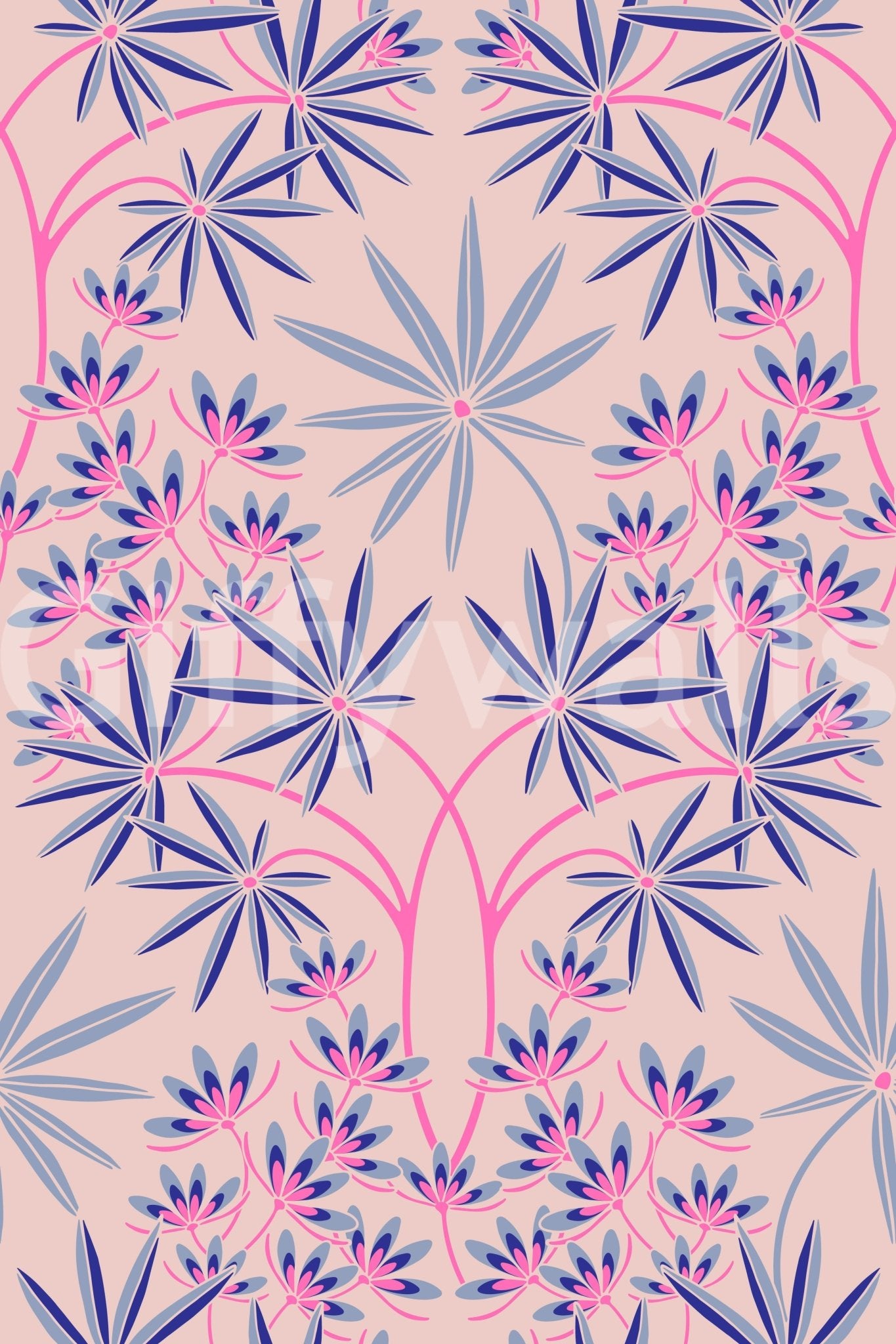 Bedroom with calming floral wallpaper.