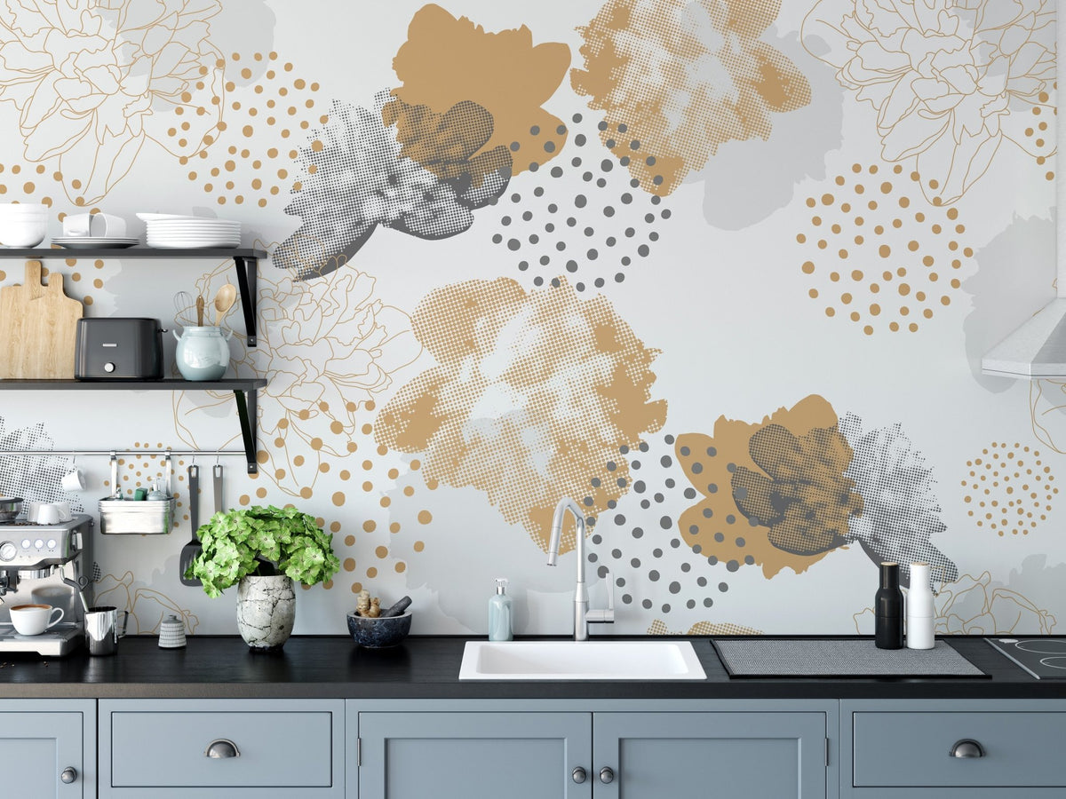 Gold Black Modern Floral Wallpaper Murals - Giffywalls B030