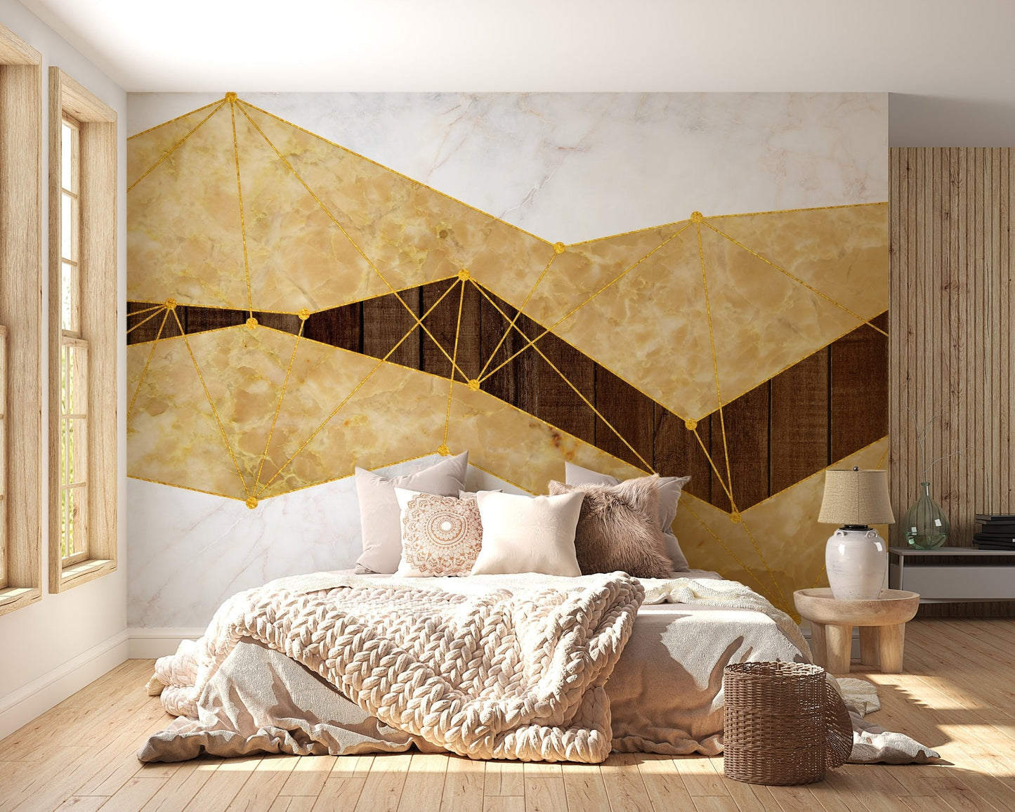 Sophisticated gold marble and wood wallpaper mural A287
