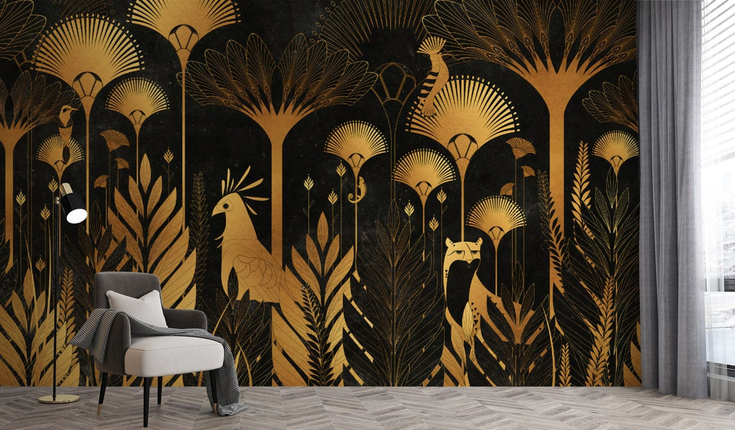 Golden Art Deco Tropical Wallpaper