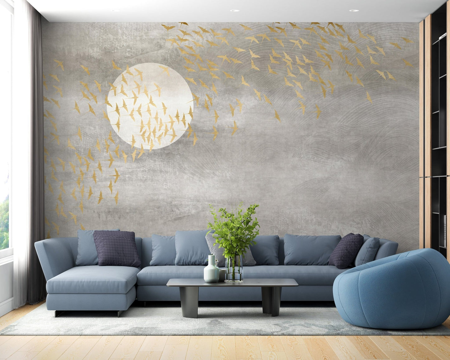 Dreamy sky and golden birds wallpaper mural A400