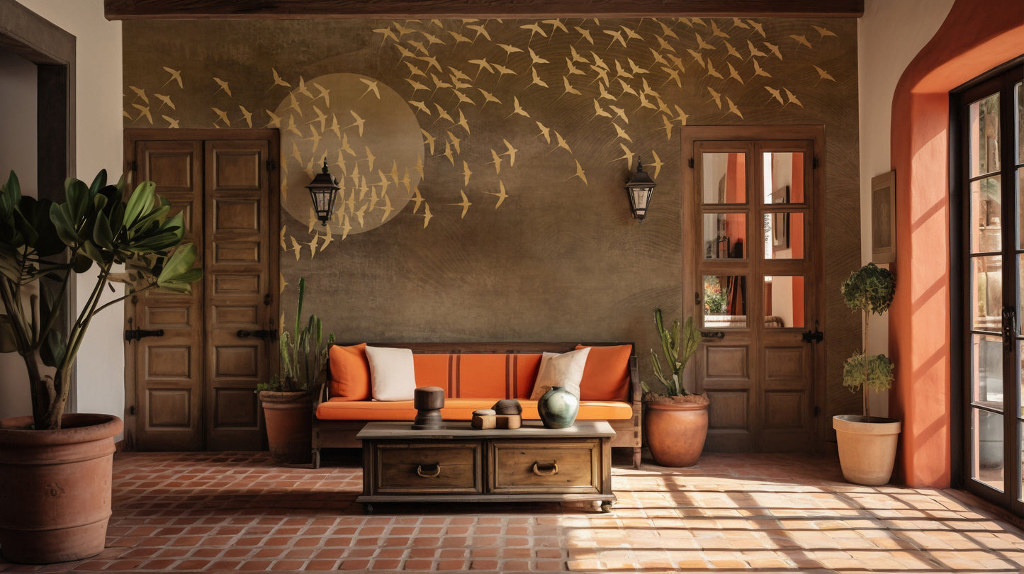 Artistic Golden Birds in Flight Mural