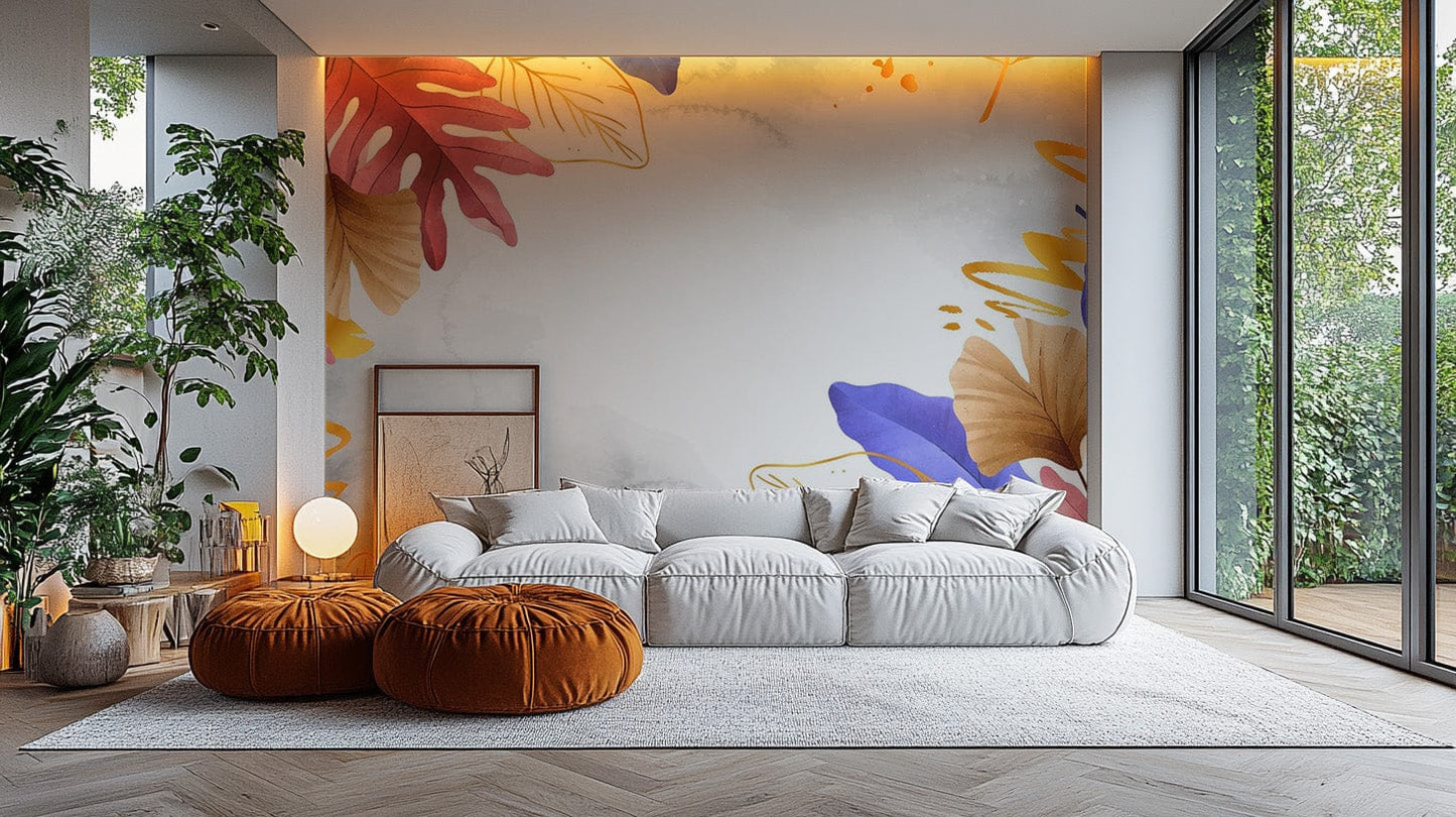 Golden blue pink leaves wallpaper for modern spaces tropical-17