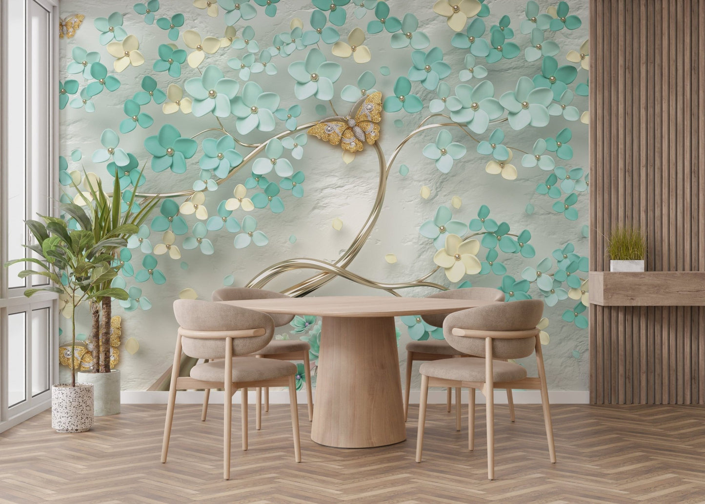 Green flowers and golden butterfly artistic wallpaper B122