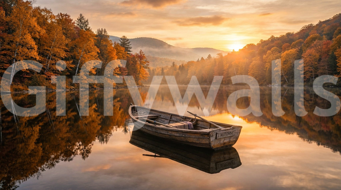 Warm hills and autumn trees frame Golden Lake Escape Wall Mural in still lake light