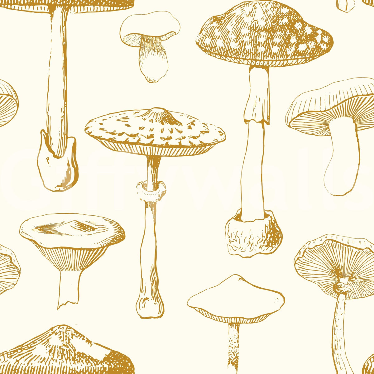 Vintage wallpaper with Mushroom Sketchbook linework in warm gold, GD9337