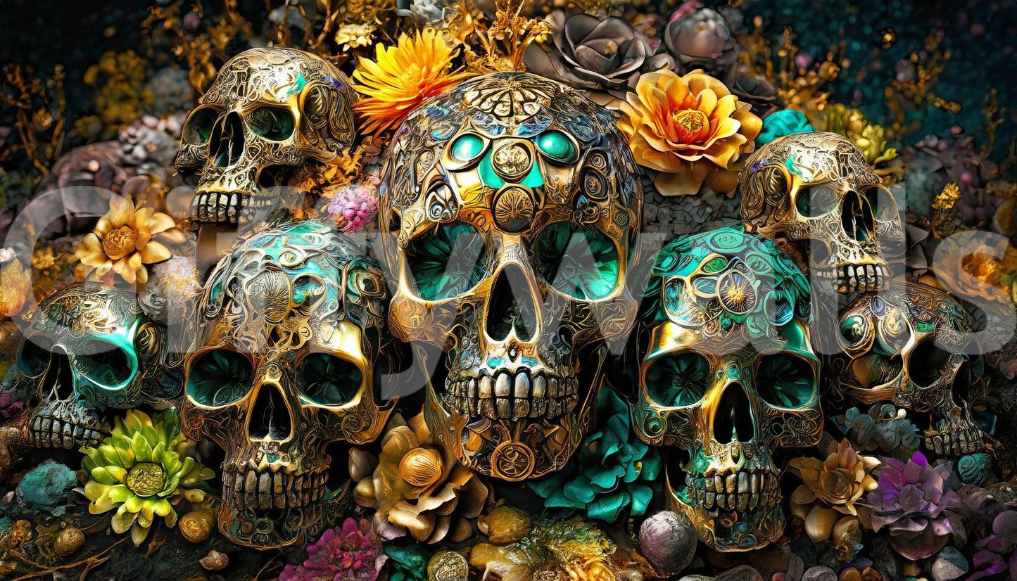Floral rhapsody mixed with golden skulls for a unique decor choice