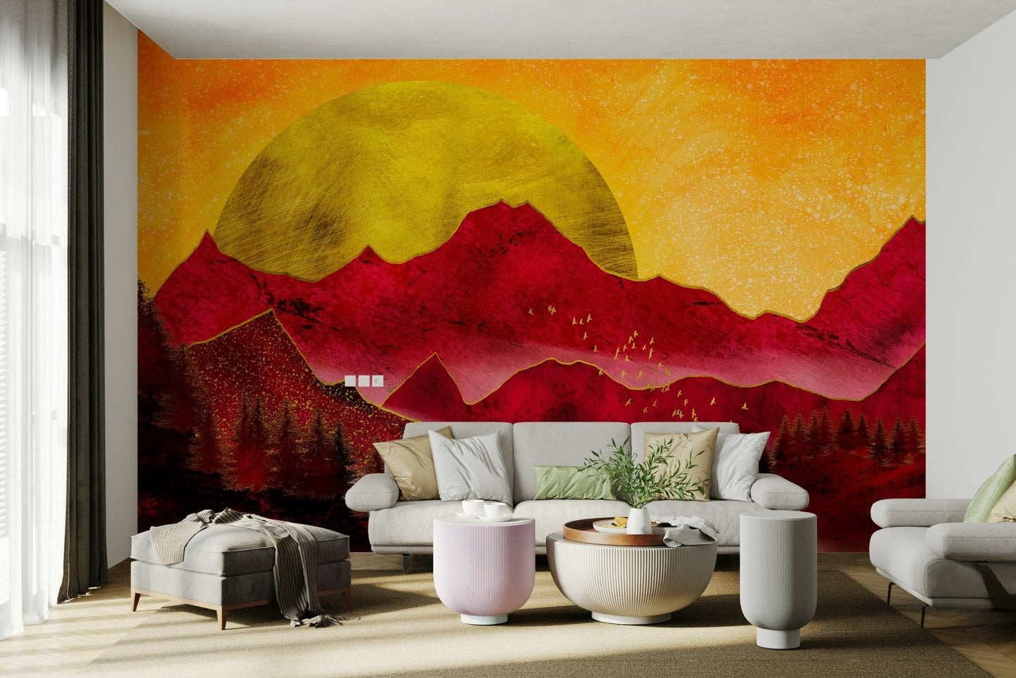 Golden sun behind red hills wallpaper GD103