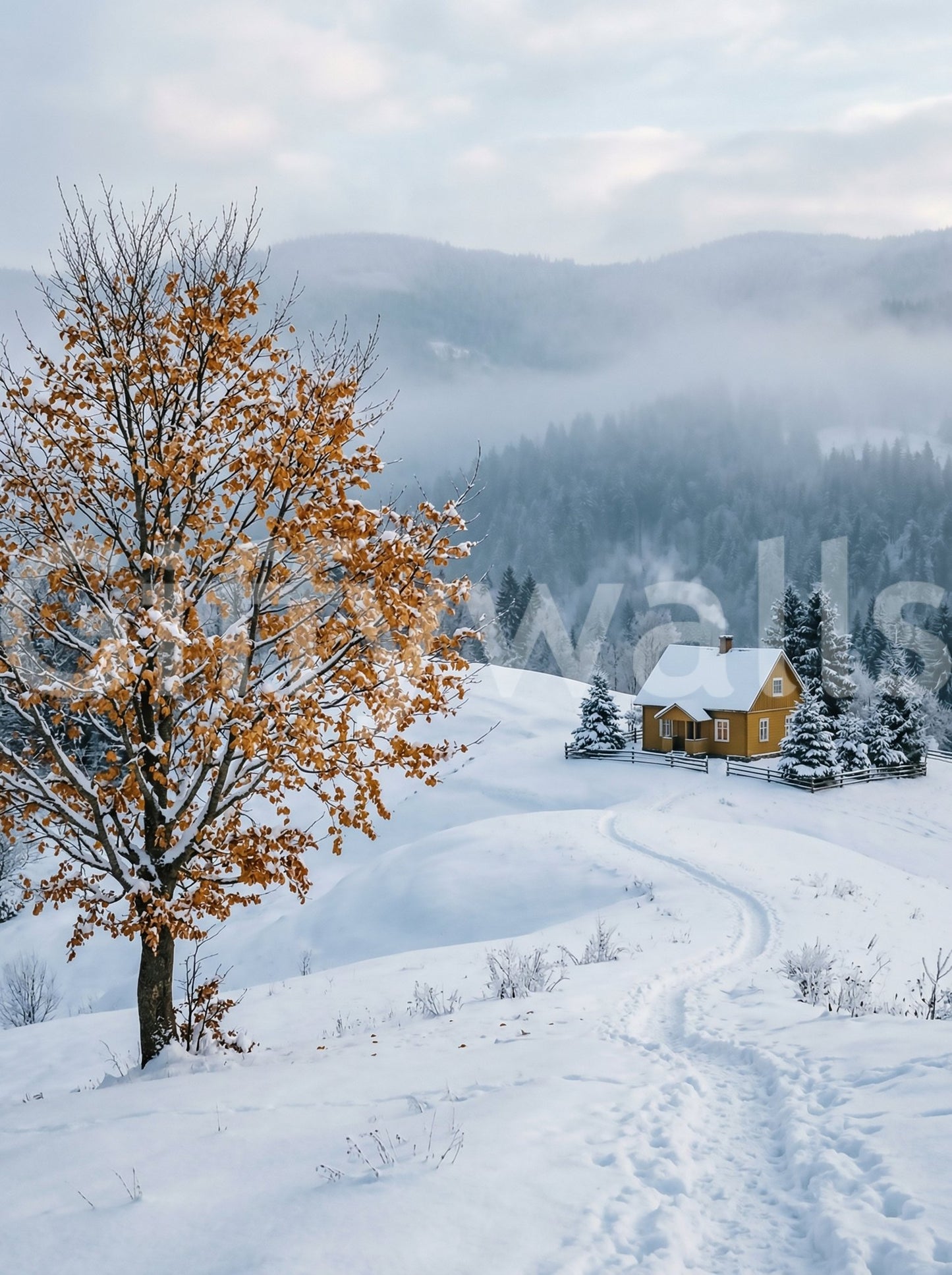 Mist covered hills within the Snowy Haven wall muralGD9518