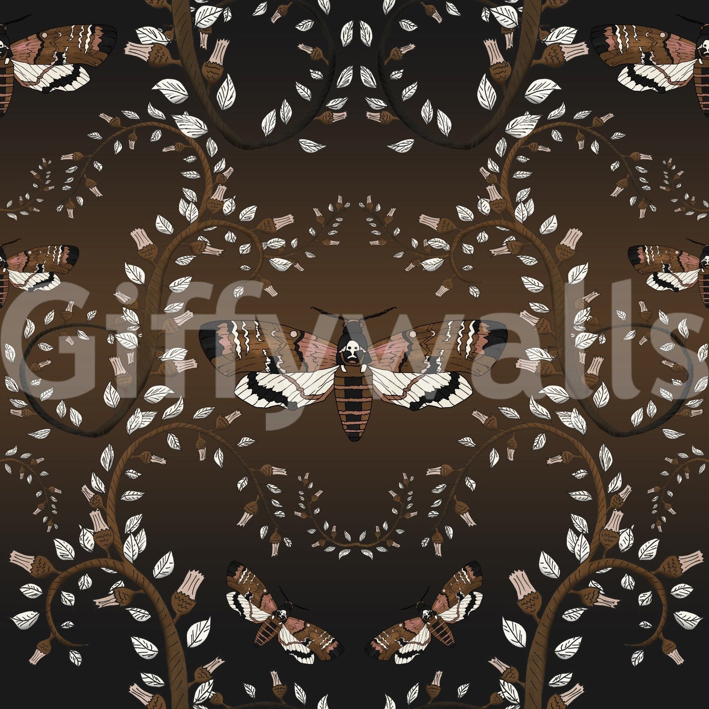 Vintage-style botanical wallpaper with moody moth accents.