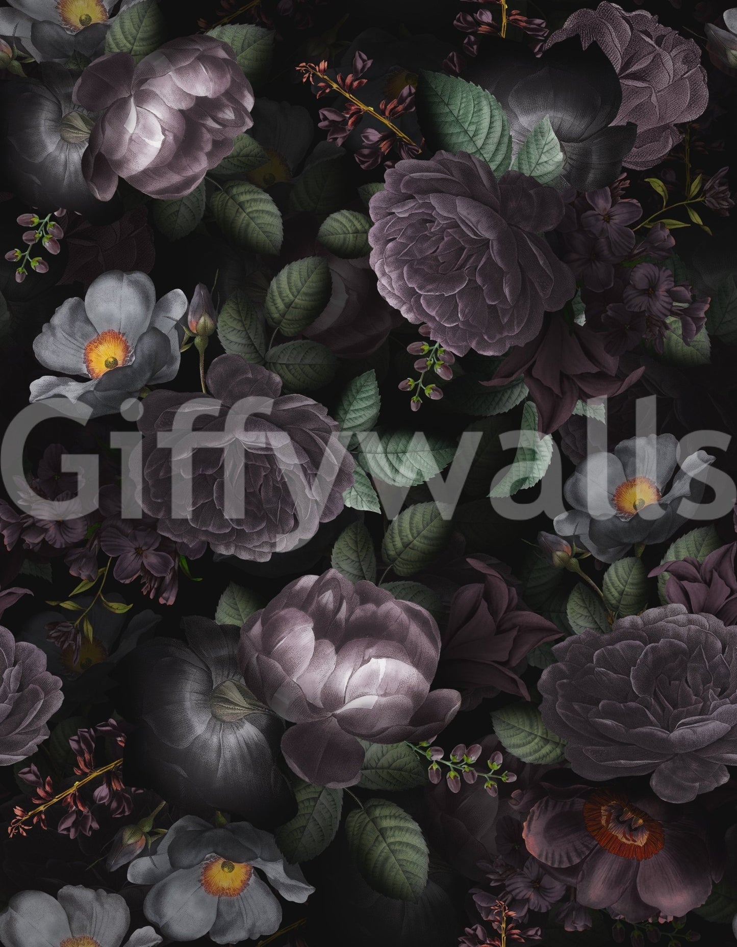Bold dark florals wallpaper in dramatic heritage design., GD1148