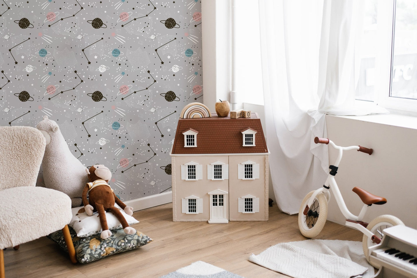 Starry wallpaper mural with planetary charm