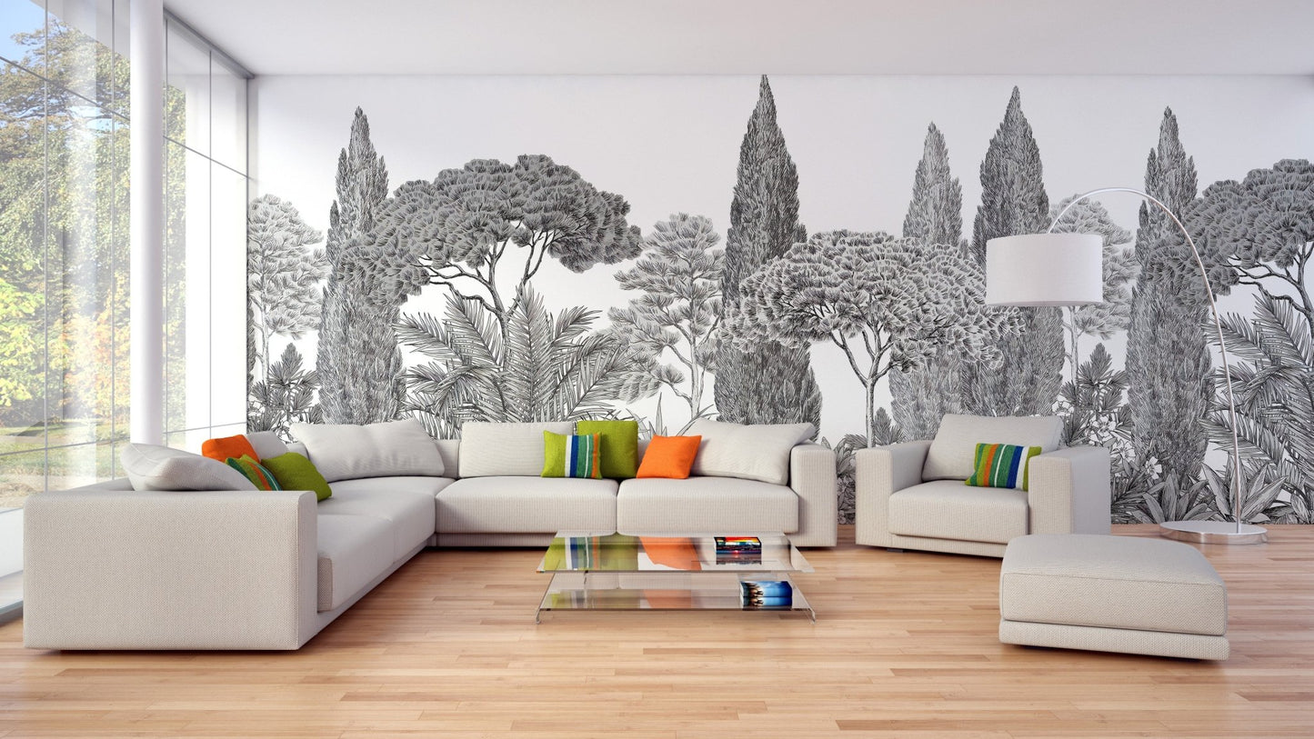 Vibrant deodar trees mural in gray shades