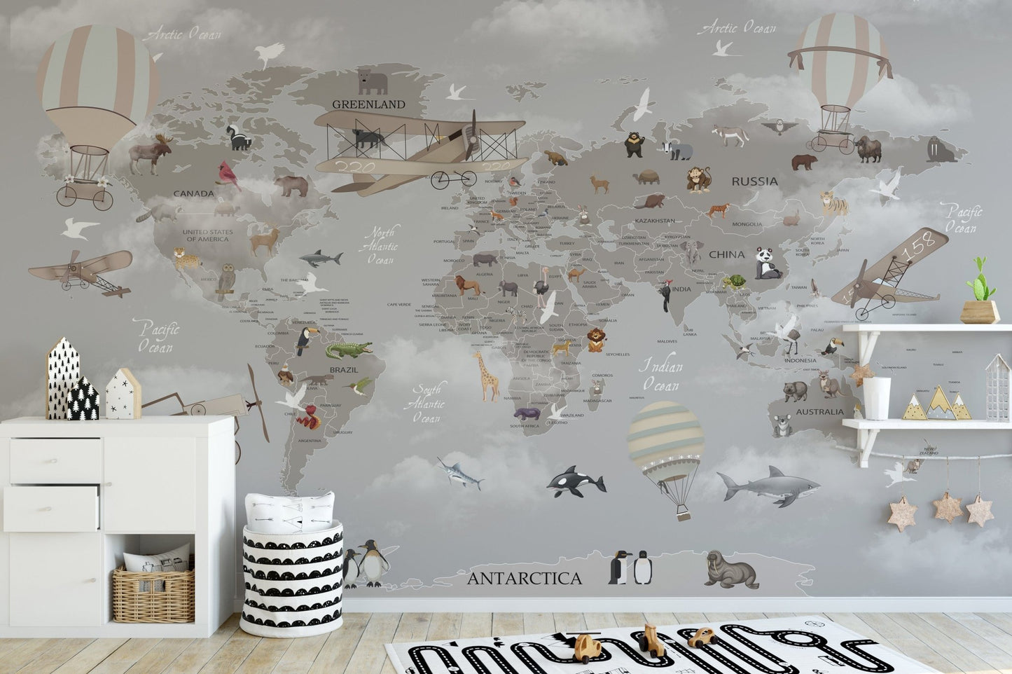 Playful gray map mural with colorful animal A905
