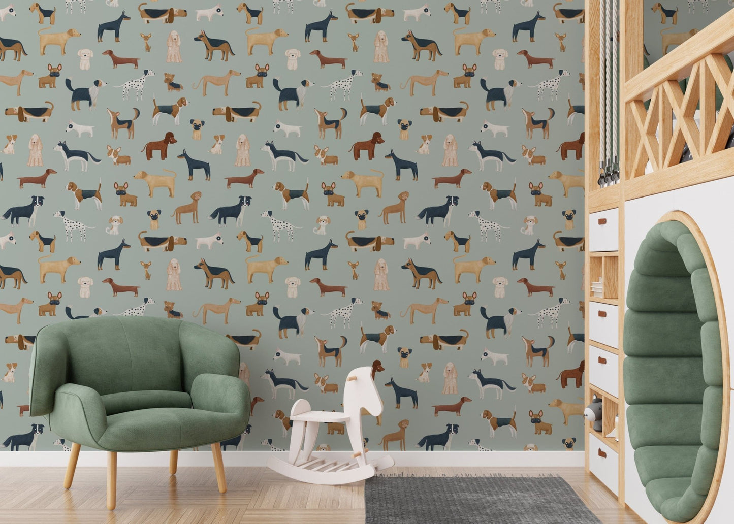 Cheerful green dog wallpaper for kids