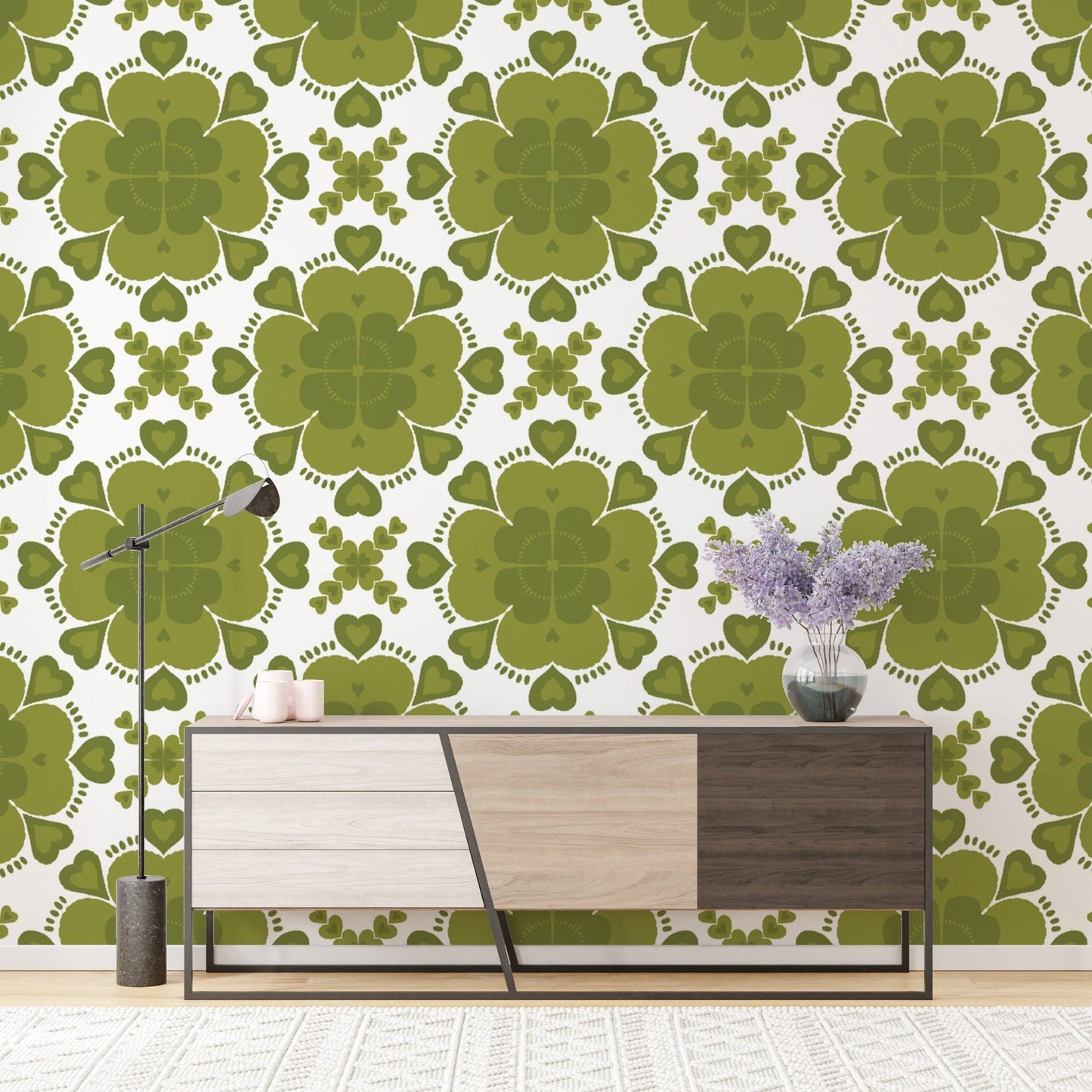 Artistic green clover geometric mural for a fresh and vibrant look. RNM41