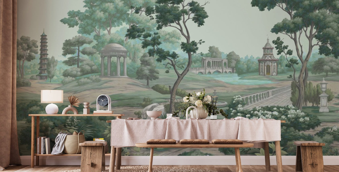 Calm and lush green garden wall mural scene, C76