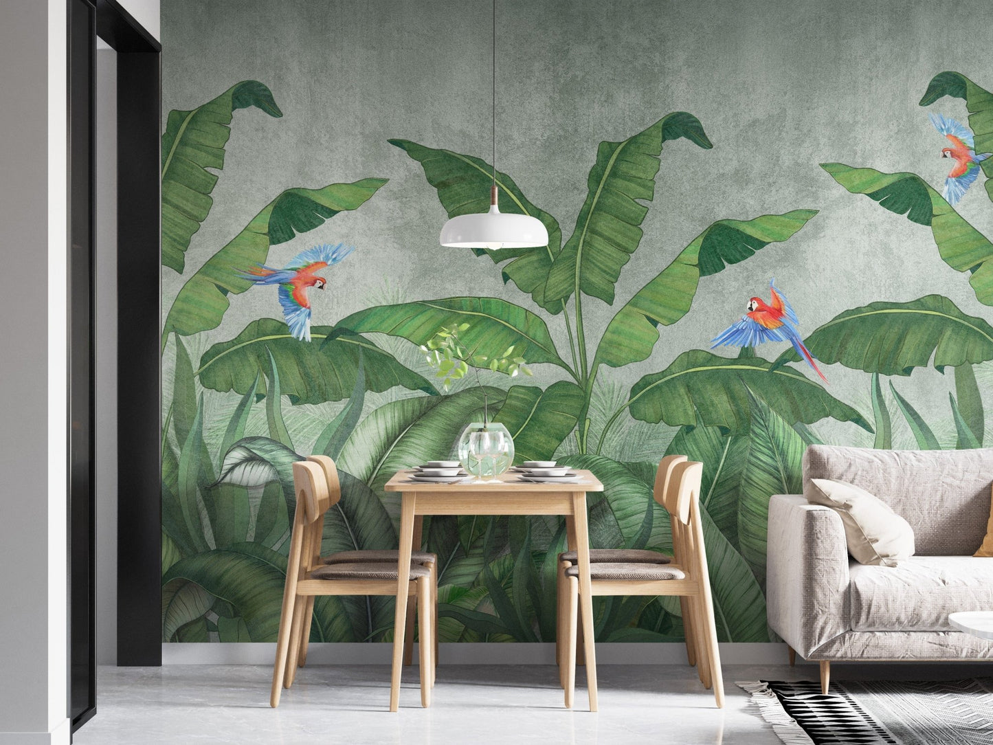 Colorful green plantains and parrots mural for spaces A270