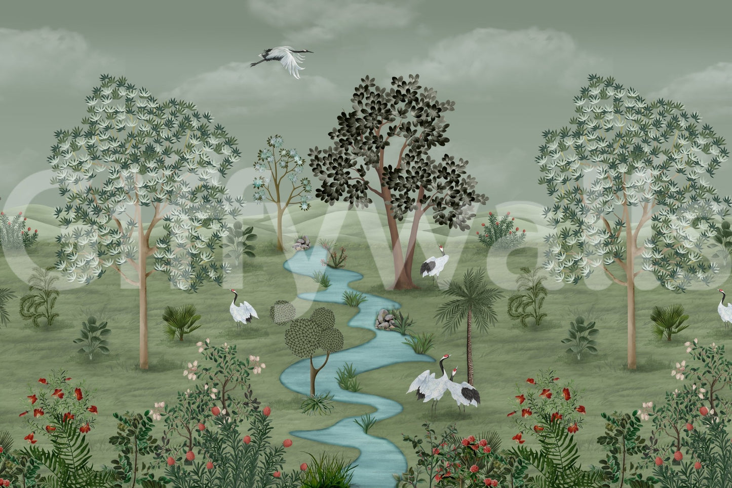 Green Valley Crane Vista Wall Mural