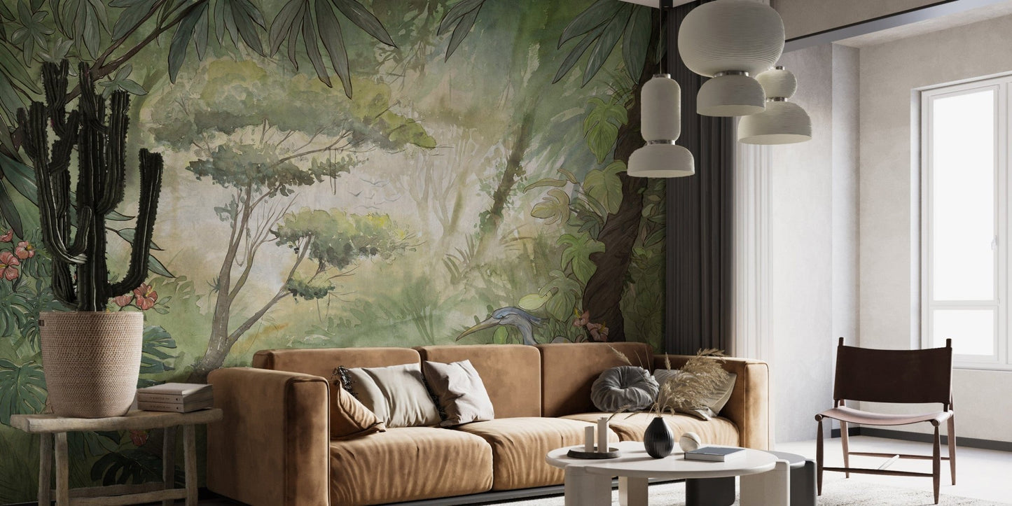 Peaceful green watercolor forest wallpaper for bedrooms A312