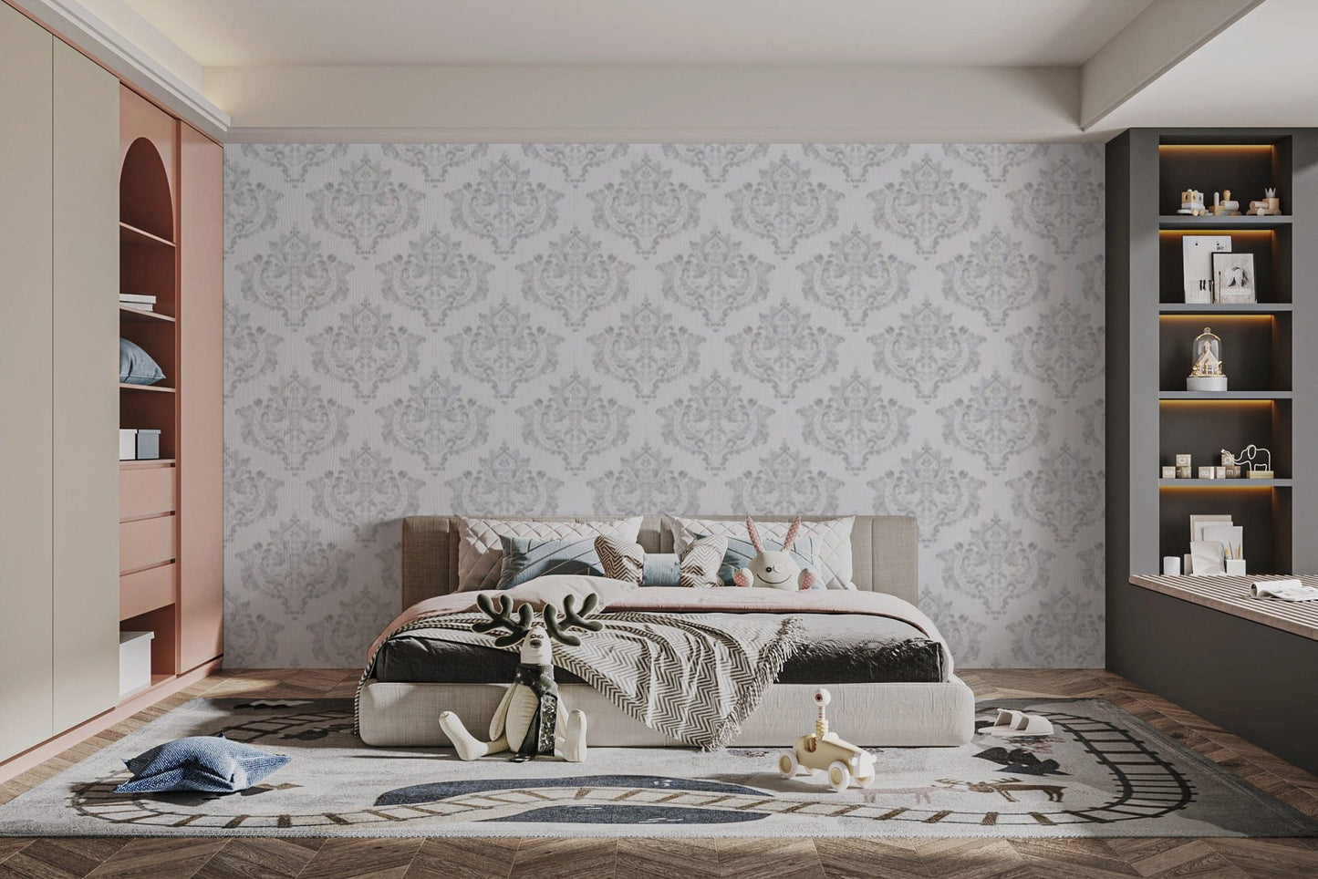 Grey and white damask wallpaper for refined, classic decor.