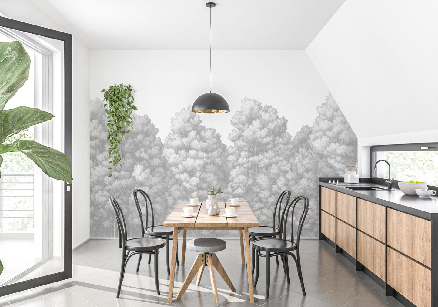 Textured jungle-inspired grey wall mural C531