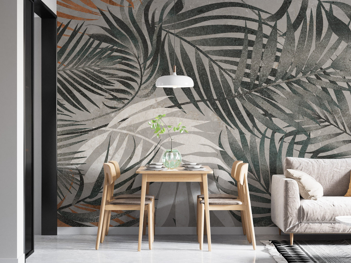 Soft grey tropical wallpaper with leaves