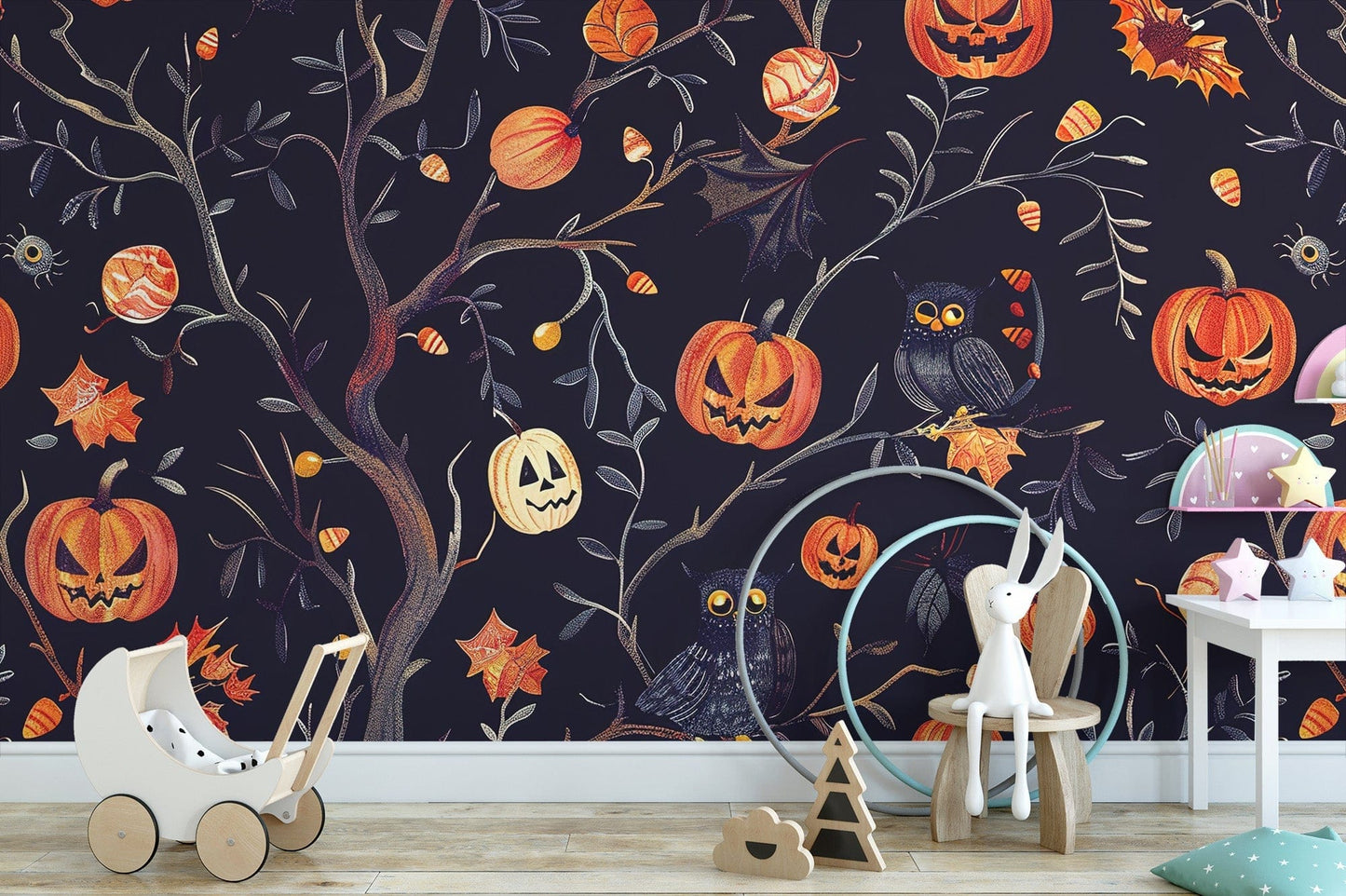 Pumpkin and owl Halloween mural for walls