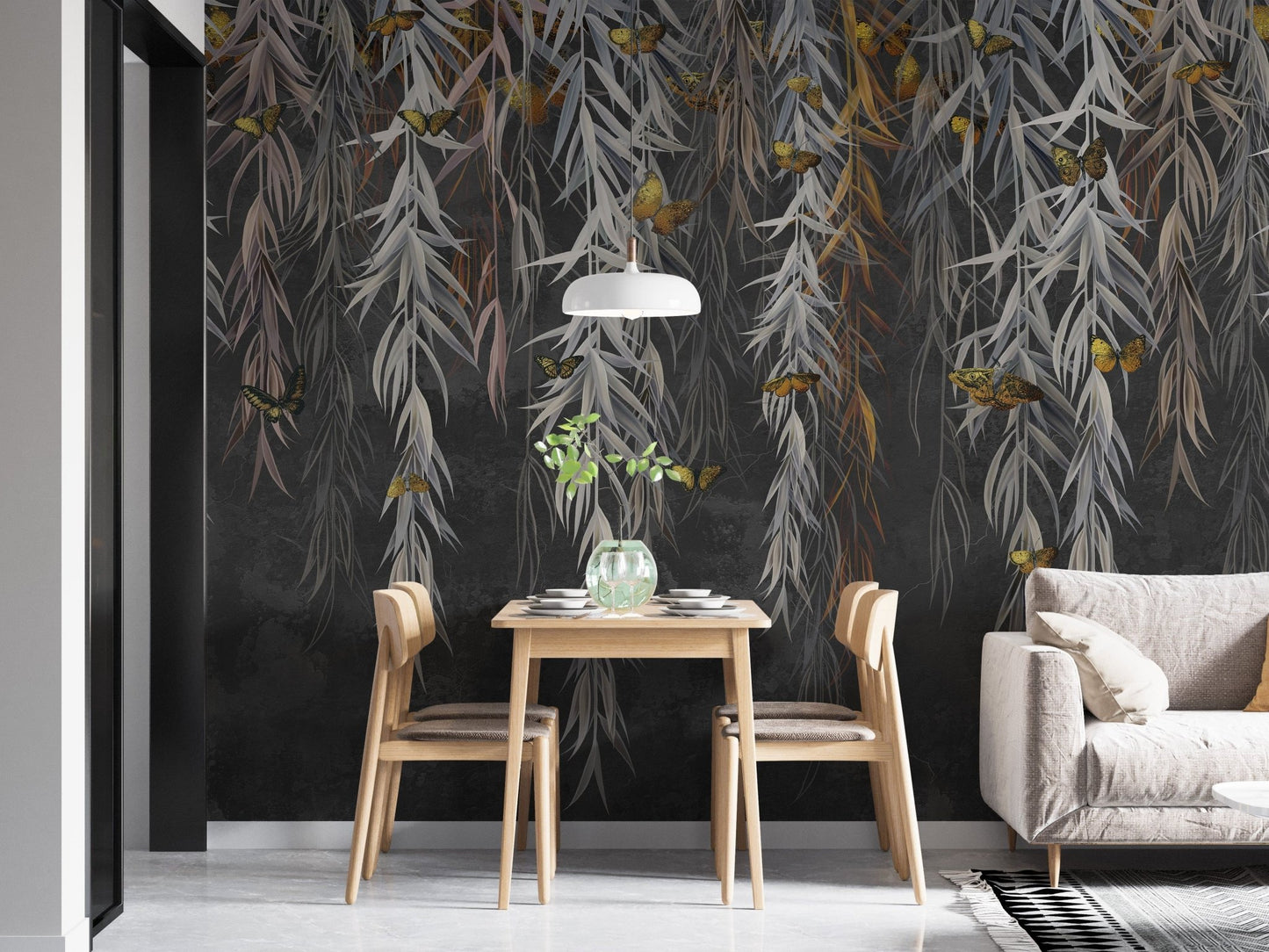 Hanging Willow Leaves and Butterflies Wallpaper Mural - Giffywalls