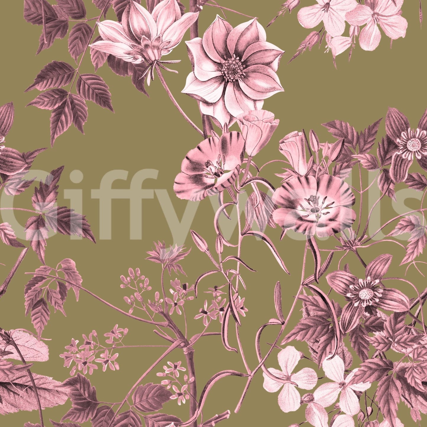 Heirloom floral wallpaper with pink petals and shaded leaves on olive base