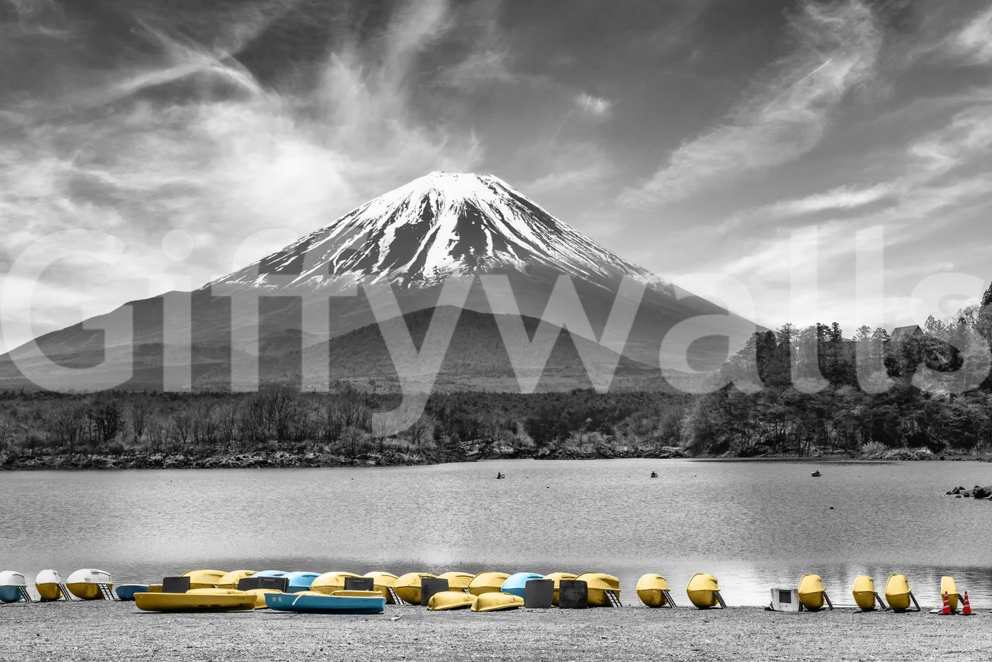 Majestic Mount Fuji and Lake Shoji mural in soft, dreamlike style., GD1492