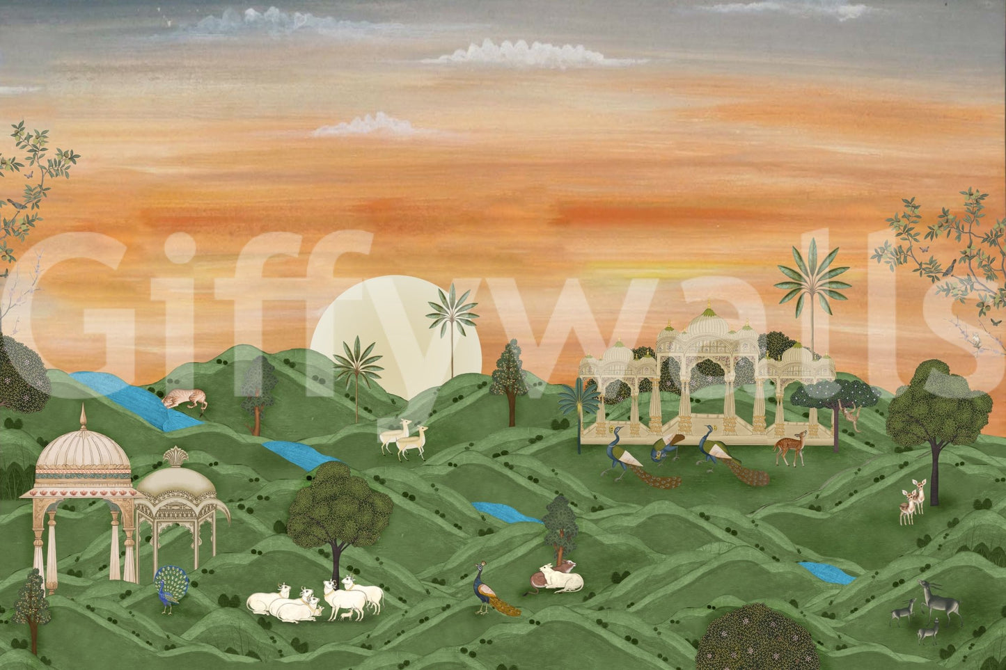 Indian Palace Horizon Wall Mural with sunset sky hills palace and peacocks