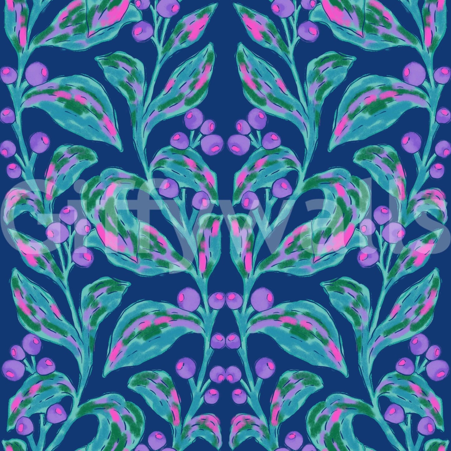 Minimalist bedroom decor featuring Indigo electric leaves wallpaper.