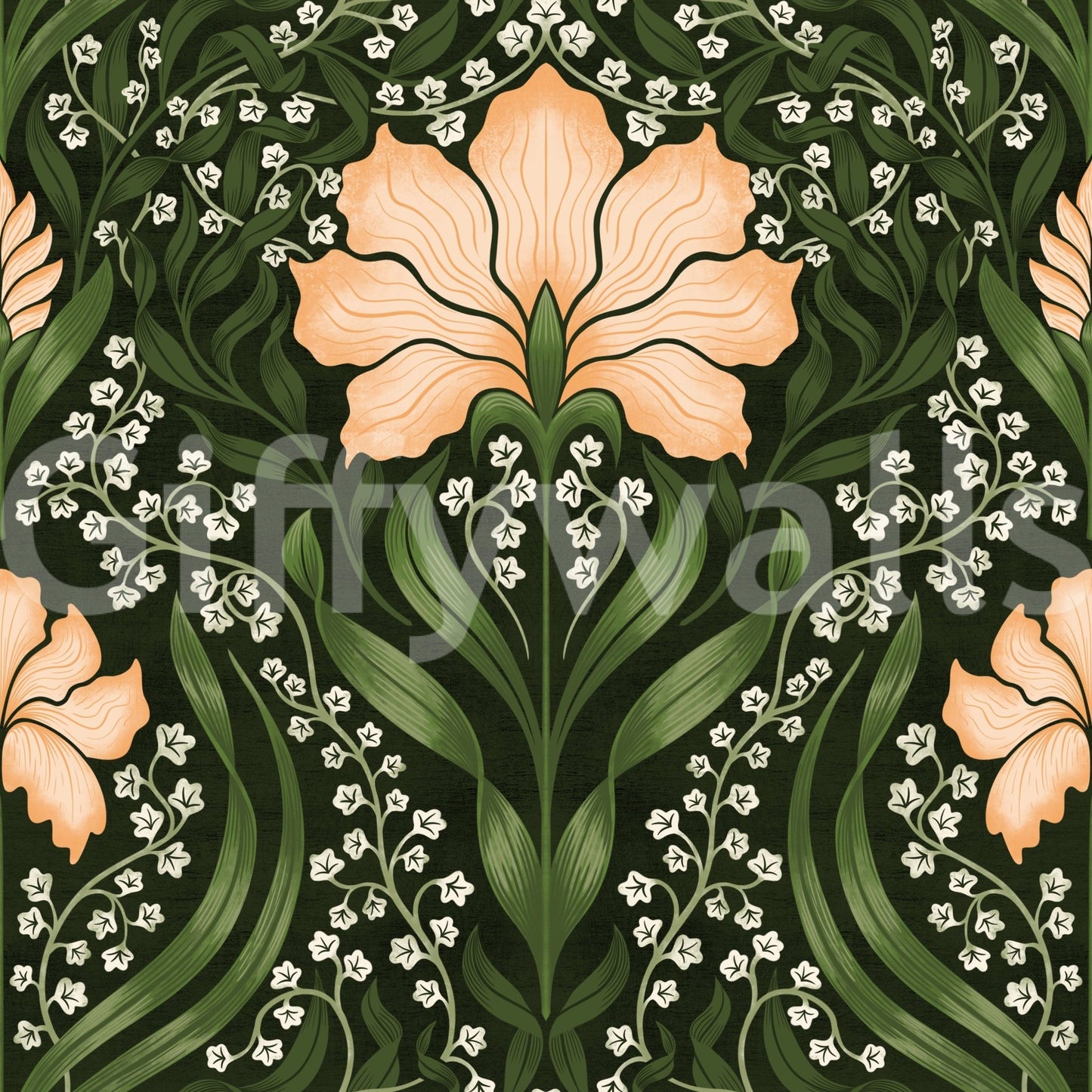 Intricate floral damask apricot Wallpaper with ornate blossoms and damask repeat, GD8669