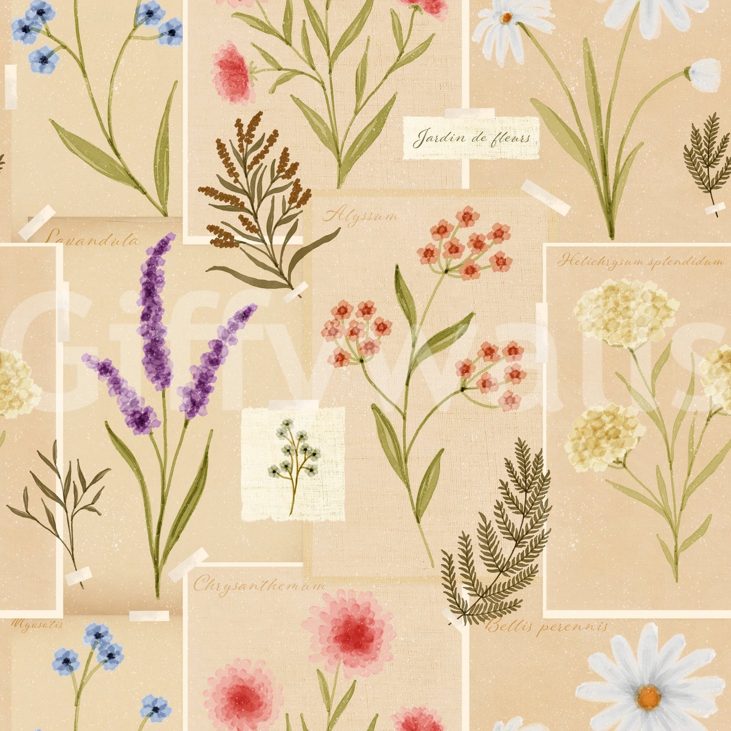 Botanical study cards shape Jardin des Fleurs Collage Wallpaper with soft florals