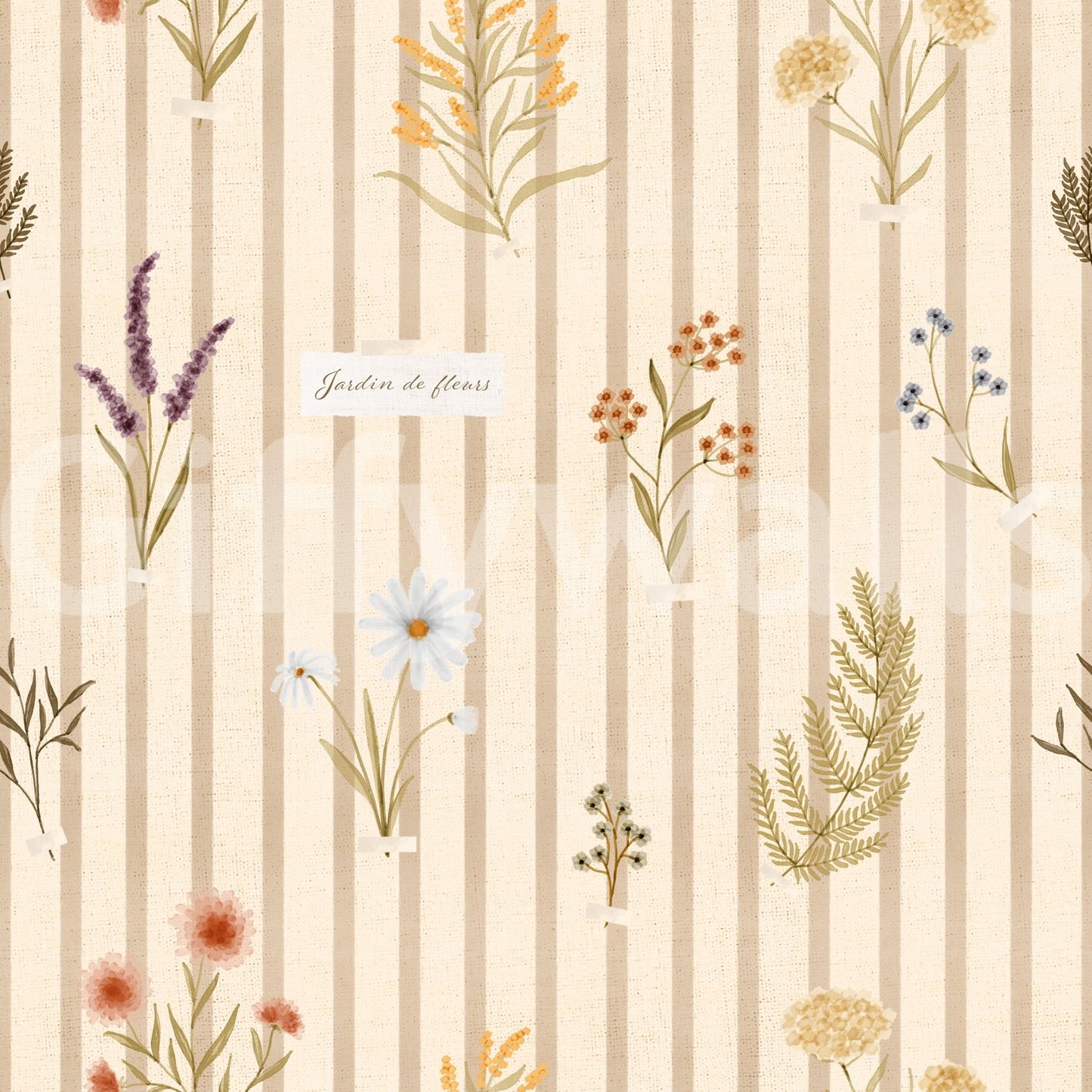 Room space with Jardin des Fleurs Wildflowers wallpaper on stripe base, GD9209