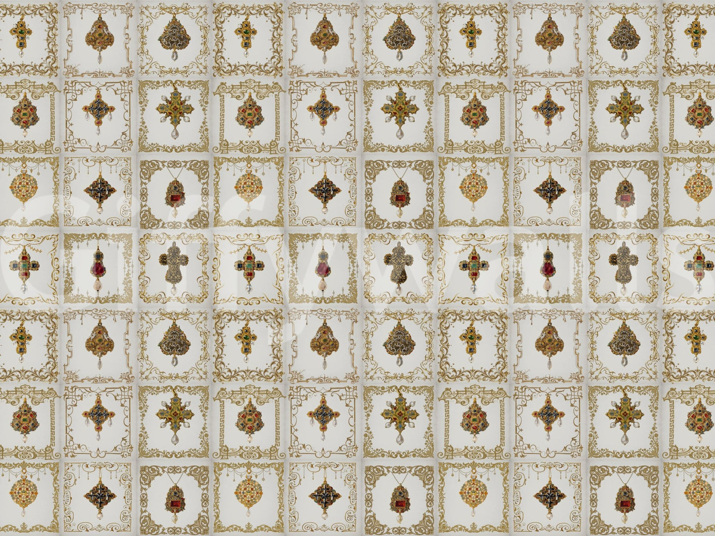 Close up of gemstone relics on the Jeweled Elegance Wall Mural., GD8993
