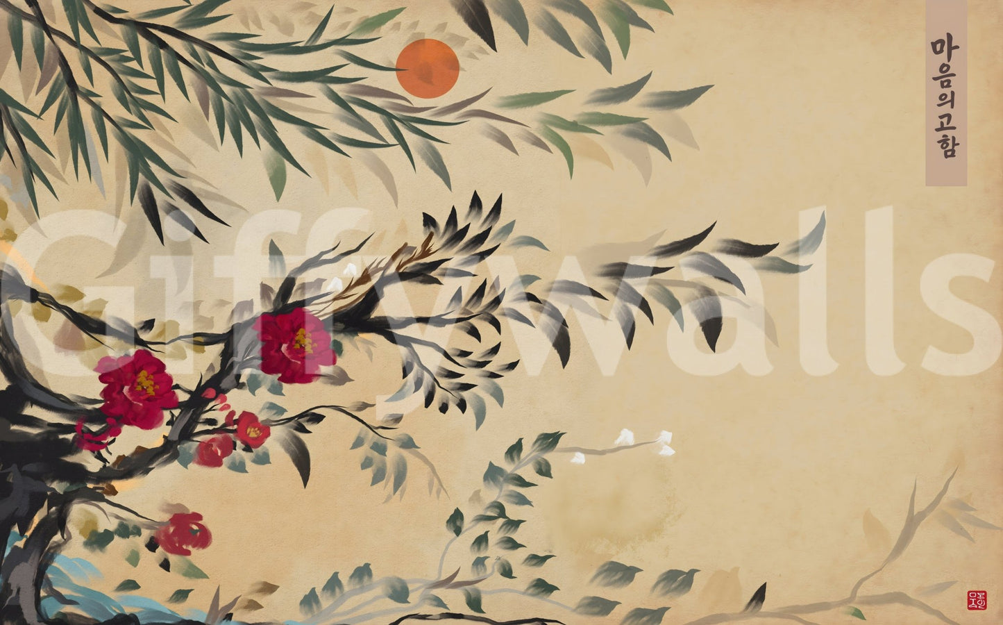 Minimalist hallway featuring the meditative Joseon era style Tranquil mind Wall Mural accent.