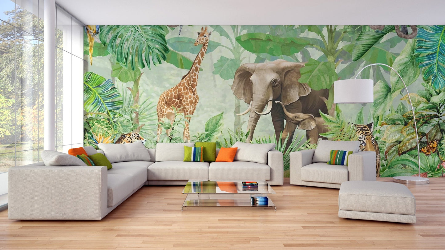 Lush green forest with wildlife mural design A447