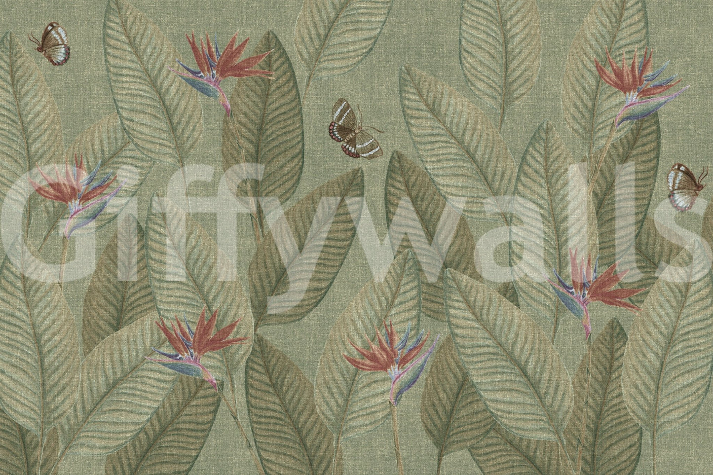 Jungle Life Faded lime-toned wallpaper, exquisite nature wall mural.