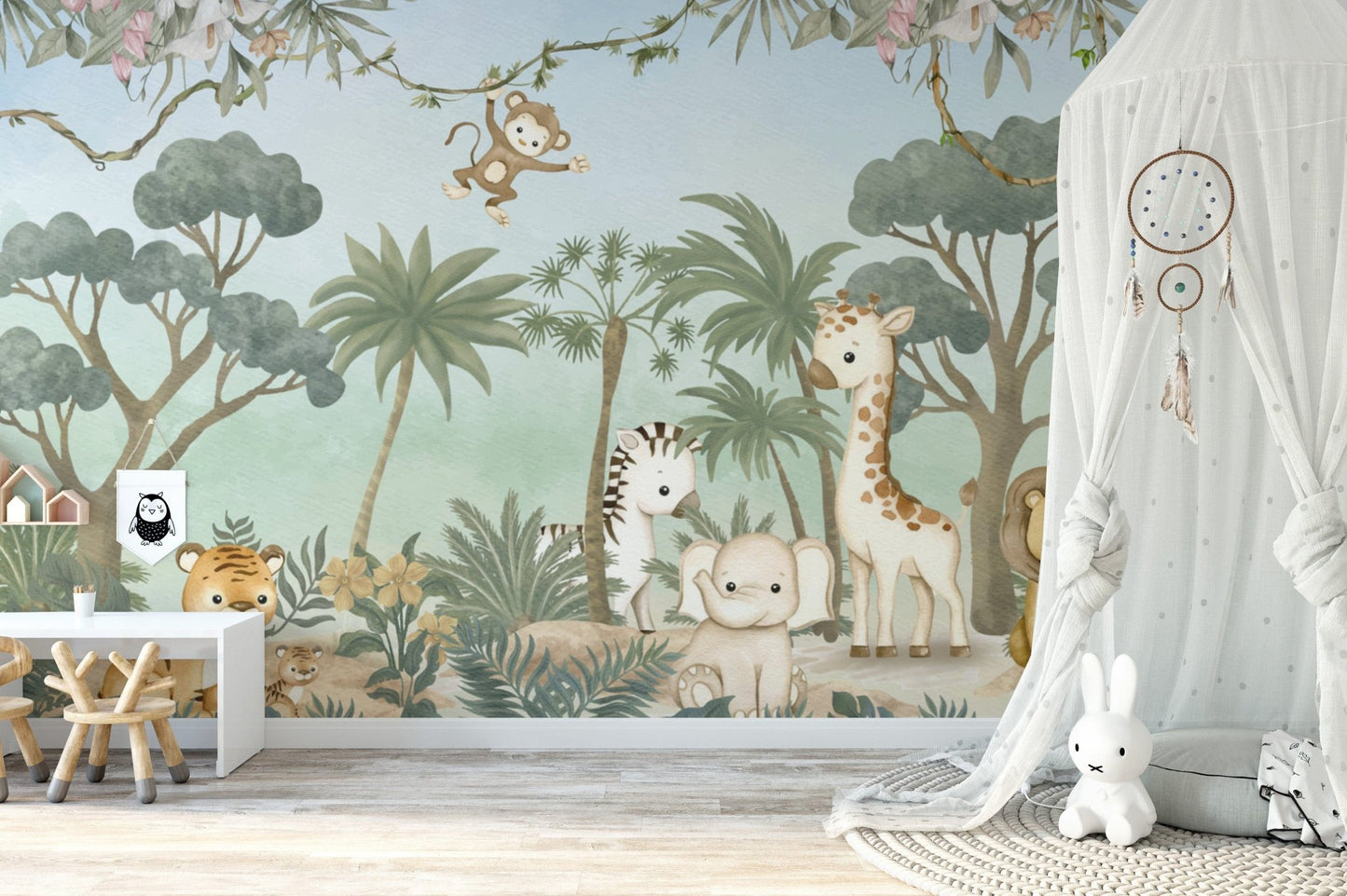 Tropical wildlife nursery wallpaper design