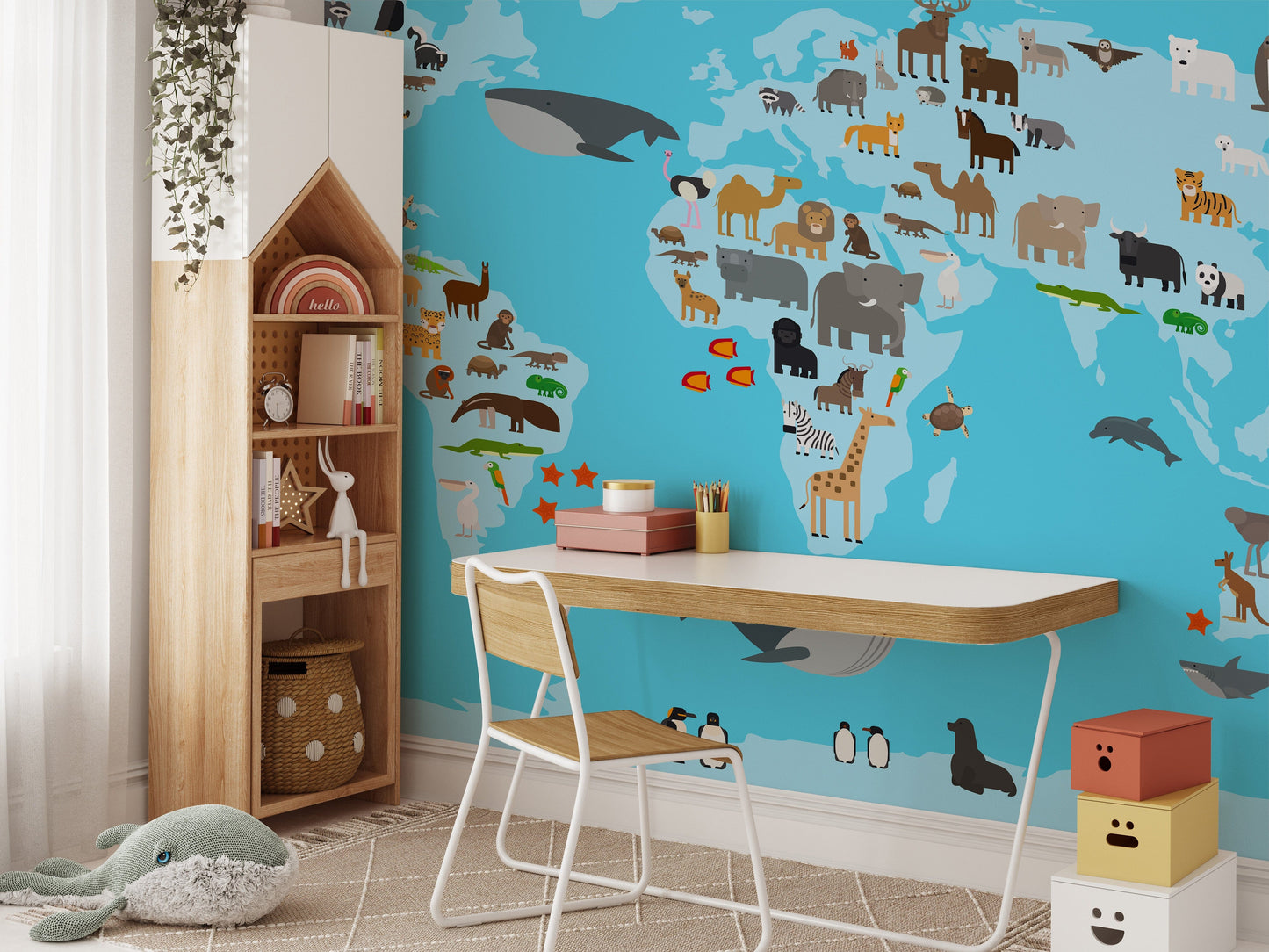 Fun animals map wall covering