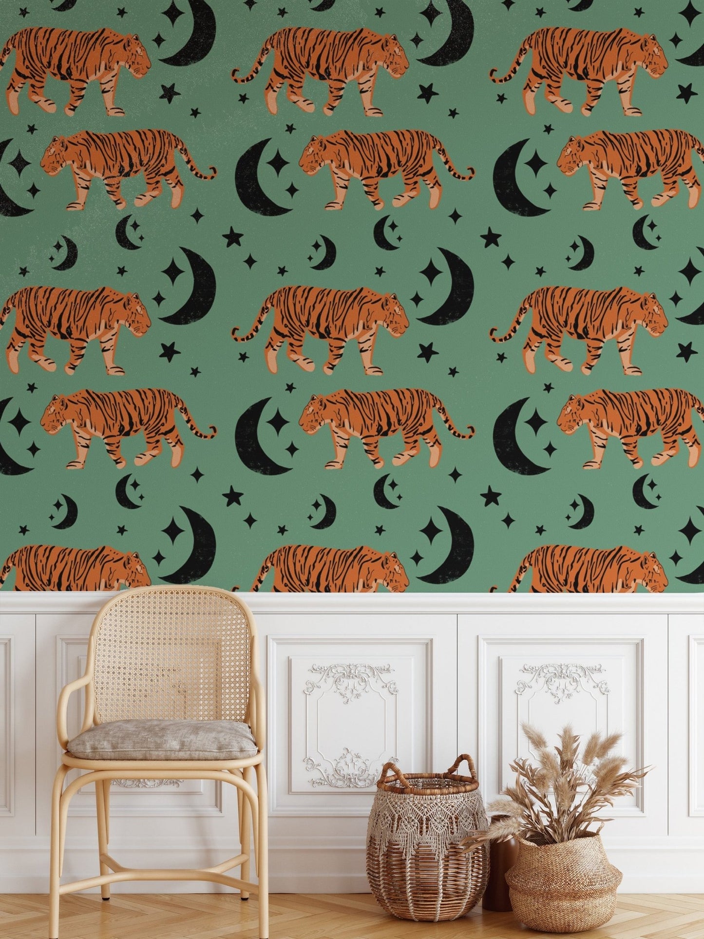 Cute Tiger Moon Green Kids Room Wallpaper