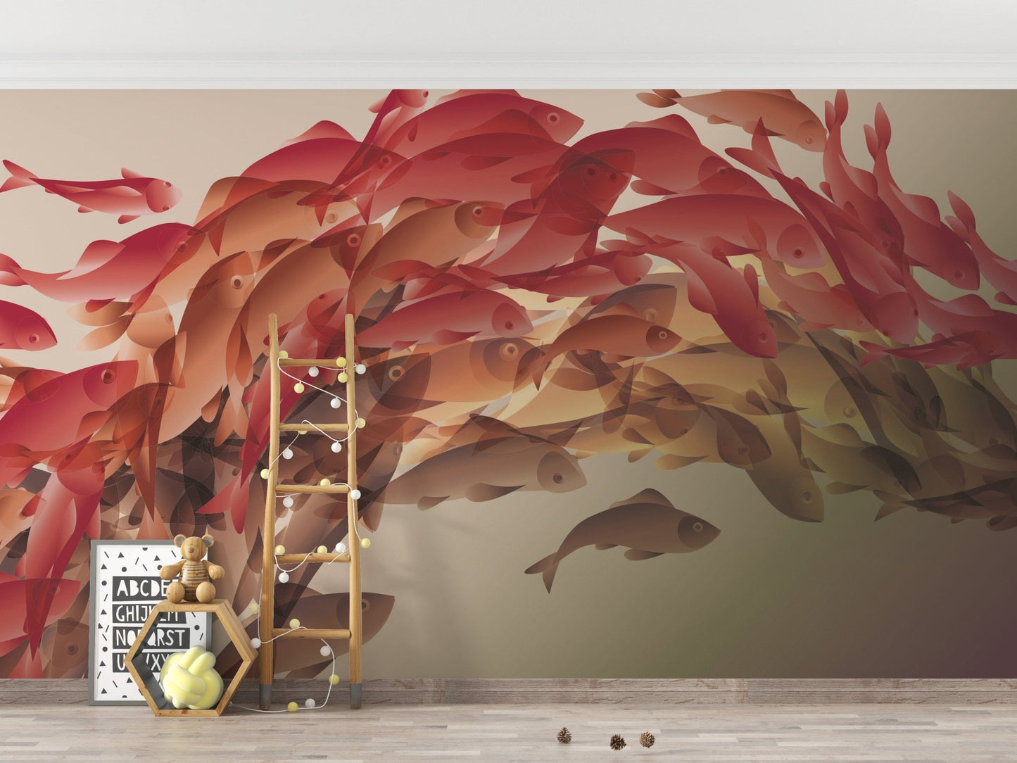 Layered fish artwork in abstract wallpaper
B086