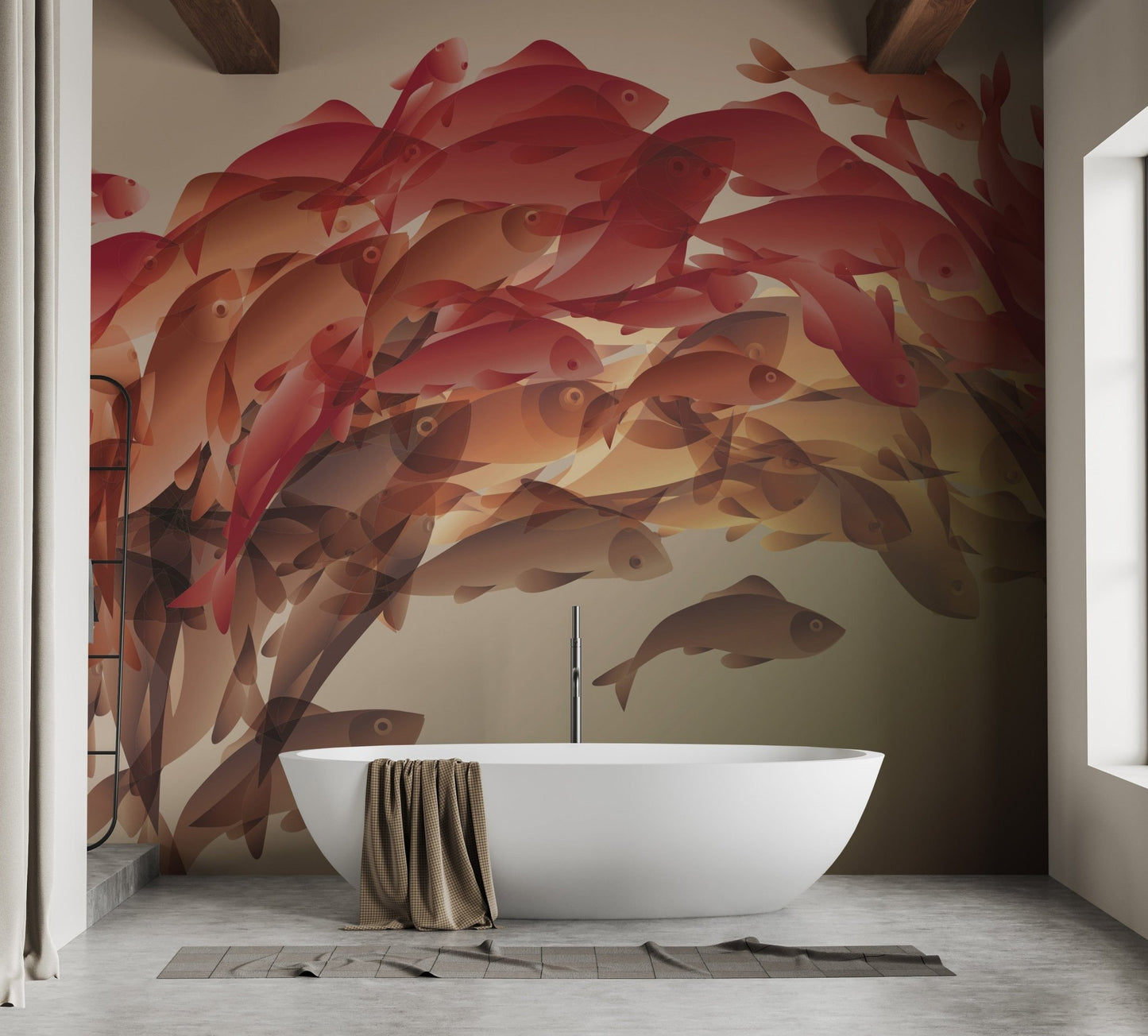 Subtle koi fish mural with gradient tones