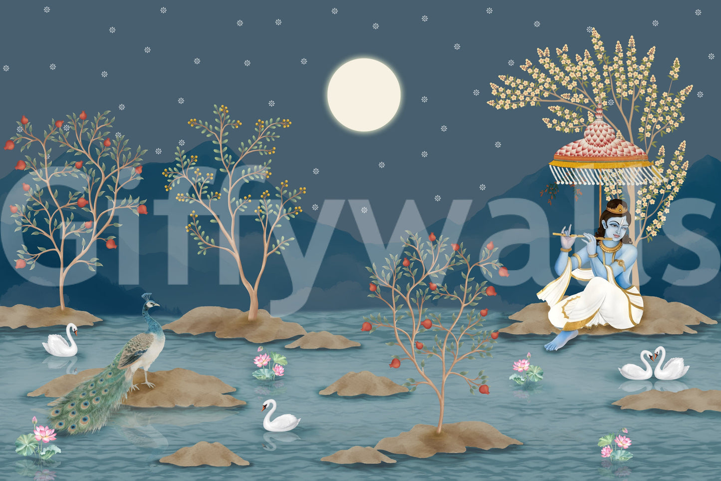 Krishna's Lunar Serenity wall mural showcasing a calm midnight forest.