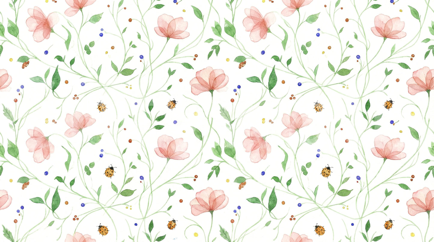 Lush garden ladybug wallpaper mural for a boutique interior